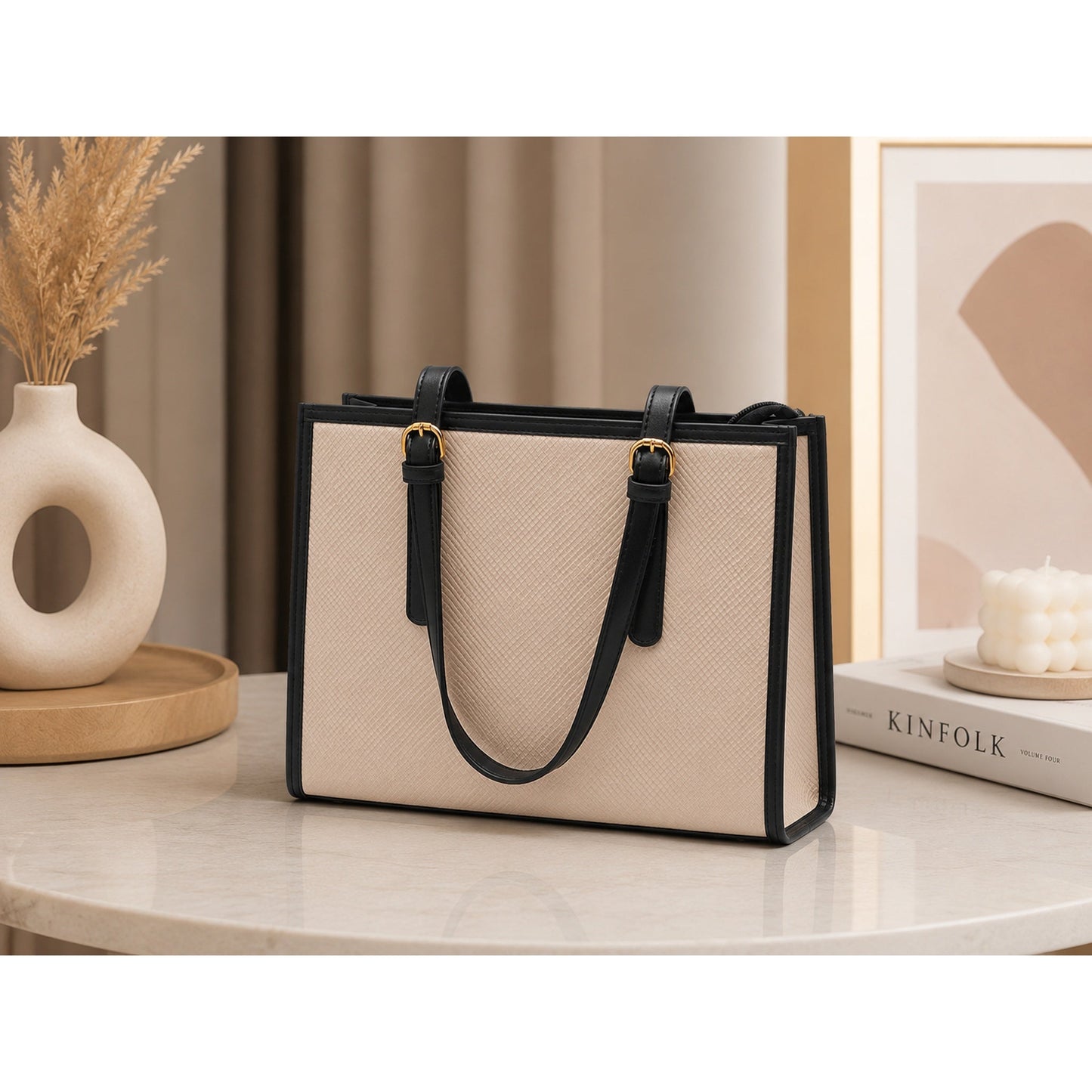 Elegant Beige & Black Structured Tote Bag for Women.